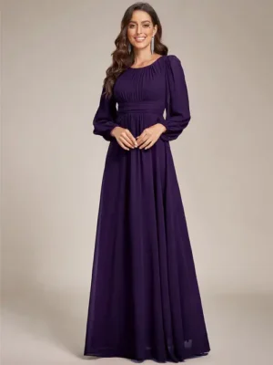 ey0106b purple chiffon long evening gown with lantern sleeves eternally yours