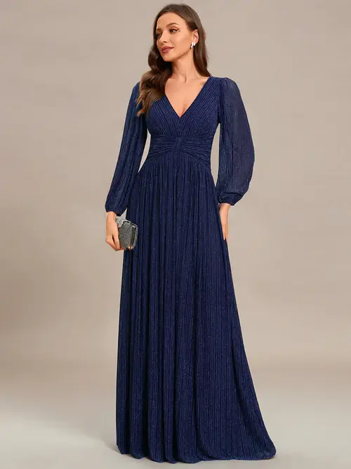 ey1961 navy blue glitter fabric long evening gown with long sleeves eternally yours