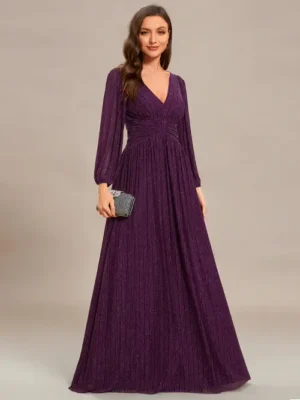 ey1961 purple glitter fabric long evening gown with long sleeves eternally yours