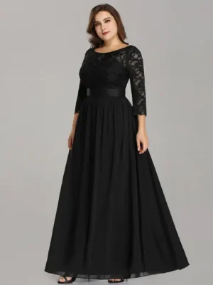 ey7412 black chiffon and lace long plus size evening gown with sleeves eternally yours