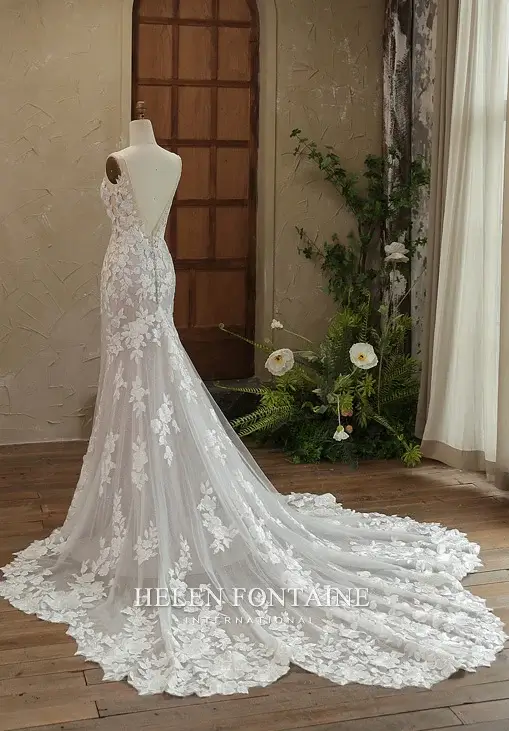 ey4249 helen fontaine wedding gown with floral lace and beaded neckline eternally yours