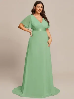 ey9890 sage green chiffon long evening gown with ruffle sleeves eternally yours