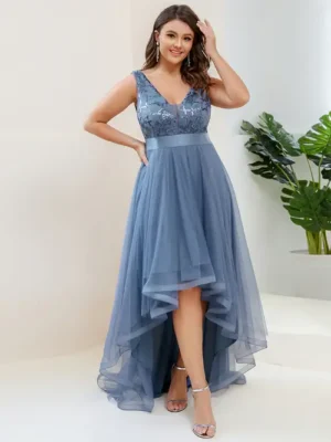 ey0793 dusty navy plus size high low lace and tulle evening gown eternally yours