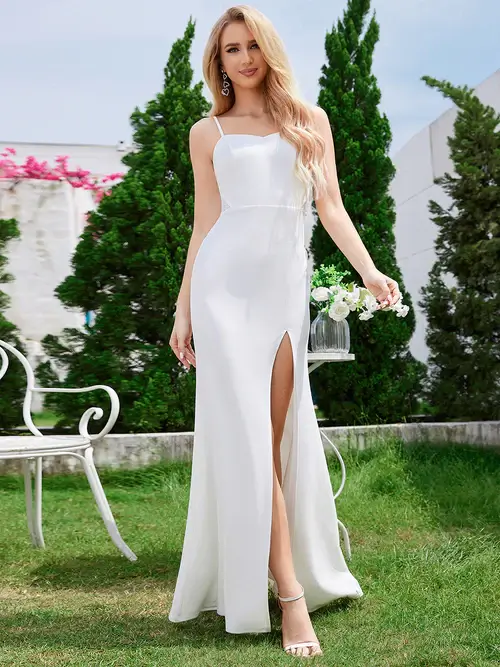 ey2206 white fitted stretch wedding gown with slit eternally yours ey2206 white fitted stretch wedding gown with slit eternally yours