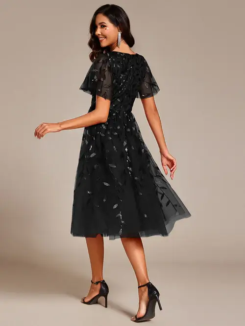 ey2230 black sequins leaf a-line midi evening gown with ruffle sleeves eternally yours ey2230 black sequins leaf a-line midi evening gown with ruffle sleeves eternally yours