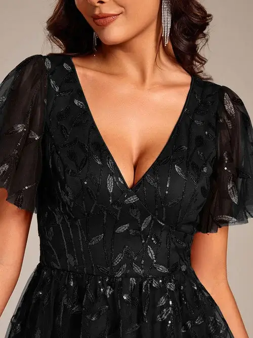 ey2230 black sequins leaf a-line midi evening gown with ruffle sleeves eternally yours ey2230 black sequins leaf a-line midi evening gown with ruffle sleeves eternally yours