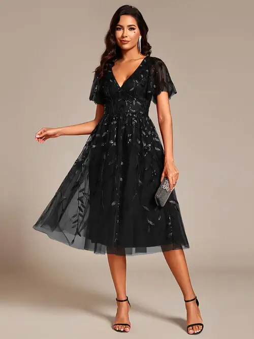 ey2230 black sequins leaf a-line midi evening gown with ruffle sleeves eternally yours ey2230 black sequins leaf a-line midi evening gown with ruffle sleeves eternally yours