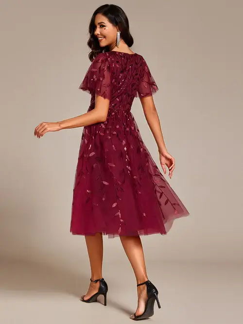 ey2230 burgundy sequins leaf a-line midi evening gown with ruffle sleeves eternally yours ey2230 burgundy sequins leaf a-line midi evening gown with ruffle sleeves eternally yours