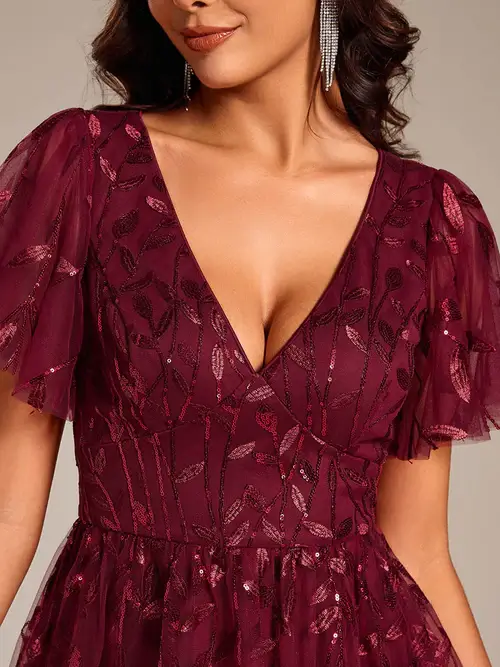 ey2230 burgundy sequins leaf a-line midi evening gown with ruffle sleeves eternally yours ey2230 burgundy sequins leaf a-line midi evening gown with ruffle sleeves eternally yours