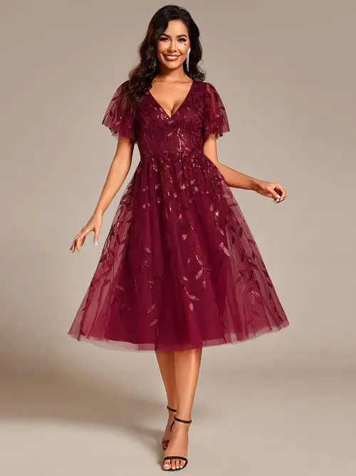 ey2230 burgundy sequins leaf a-line midi evening gown with ruffle sleeves eternally yours ey2230 burgundy sequins leaf a-line midi evening gown with ruffle sleeves eternally yours