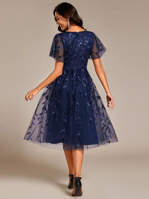 ey2230 navy blue sequins leaf a-line midi evening gown with ruffle sleeves eternally yours ey2230 navy blue sequins leaf a-line midi evening gown with ruffle sleeves eternally yours