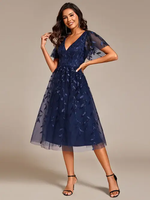 ey2230 navy blue sequins leaf a-line midi evening gown with ruffle sleeves eternally yours ey2230 navy blue sequins leaf a-line midi evening gown with ruffle sleeves eternally yours