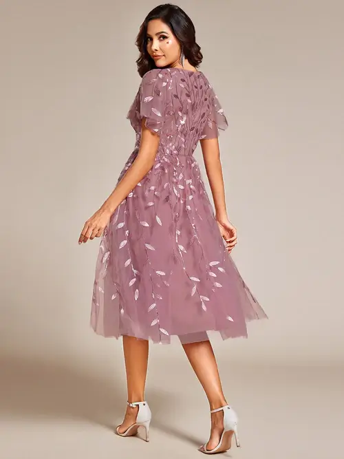 ey2230 purple pink orchid sequins leaf a-line midi evening gown with ruffle sleeves eternally yours ey2230 purple pink orchid sequins leaf a-line midi evening gown with ruffle sleeves eternally yours