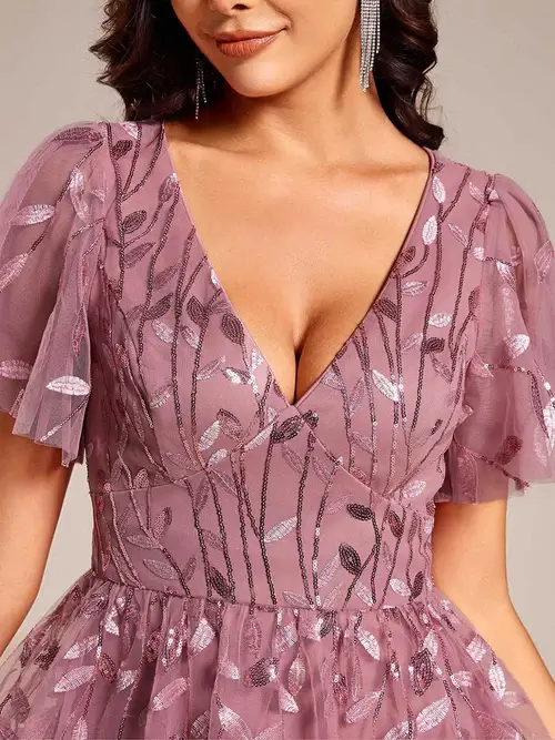 ey2230 purple pink orchid sequins leaf a-line midi evening gown with ruffle sleeves eternally yours ey2230 purple pink orchid sequins leaf a-line midi evening gown with ruffle sleeves eternally yours