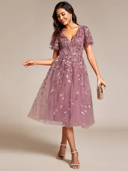 ey2230 purple pink orchid sequins leaf a-line midi evening gown with ruffle sleeves eternally yours ey2230 purple pink orchid sequins leaf a-line midi evening gown with ruffle sleeves eternally yours