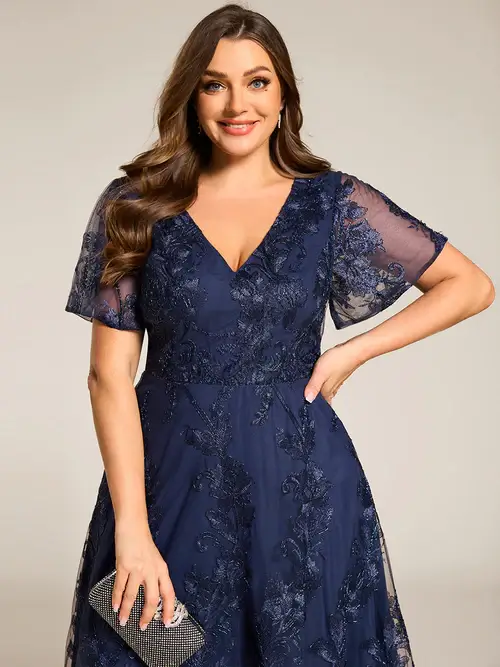 ey2255 navy blue lace plus size midi evenning gown with flutter sleeves eternally yours