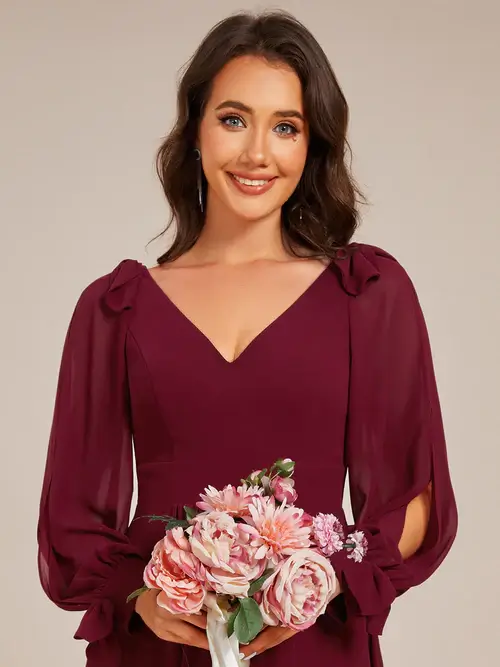 ey2269 burgundy chiffon midi evening gown with long sleeves eternally yours ey2269 burgundy chiffon midi evening gown with long sleeves eternally yours