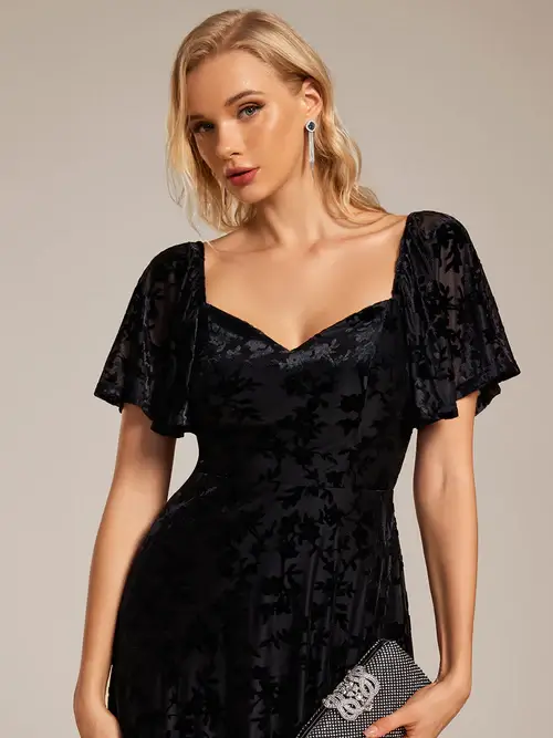 ey2271 black jacquard midi evening gown with ruffle sleeves eternally yours ey2271 black jacquard midi evening gown with ruffle sleeves eternally yours