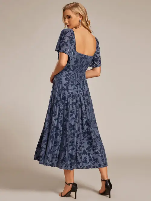 ey2271 dusty navy blue jacquard midi evening gown with ruffle sleeves eternally yours ey2271 dusty navy blue jacquard midi evening gown with ruffle sleeves eternally yours