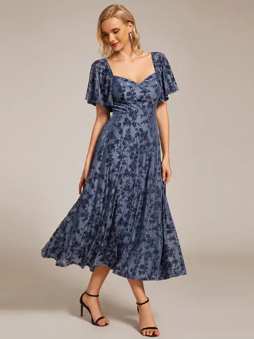 ey2271 dusty navy blue jacquard midi evening gown with ruffle sleeves eternally yours ey2271 dusty navy blue jacquard midi evening gown with ruffle sleeves eternally yours