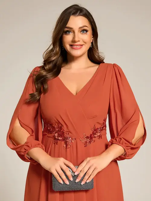 ey2926 burnt orange plus size knee length evening gown with lantern sleeves eternally yours