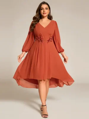 ey2926 burnt orange plus size knee length evening gown with lantern sleeves eternally yours