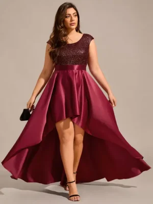 ey3667 burgundy plus size high low sequins and satin evening gown eternally yours