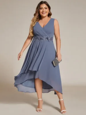 ey41926 dusty navy blue plus size midi chiffon evening gown eternally yours