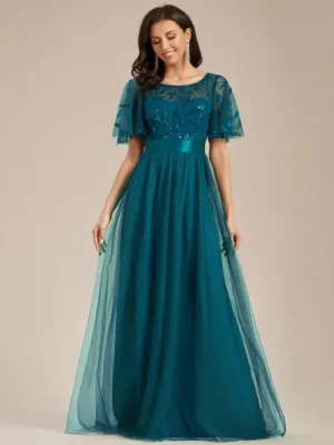 ey0904 teal sequins and tulle long evening gown with flutter sleeves eternally yours