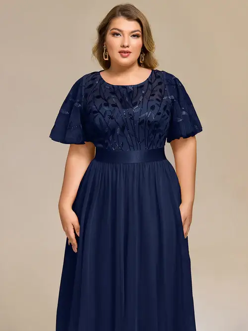 ey0906 navy blue plus size chiffon and sequins midi evening gown with ruffle sleeves eternally yours