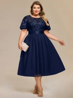 ey0906 navy blue plus size chiffon and sequins midi evening gown with ruffle sleeves eternally yours