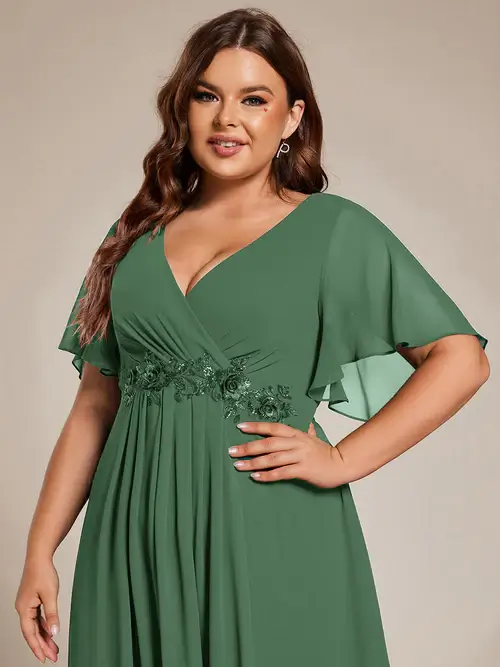 ey2093 eucalyptus green short chiffon plus size evening gown with appliques and ruffle sleeves eternally yours