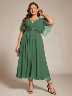 ey2093 eucalyptus green short chiffon plus size evening gown with appliques and ruffle sleeves eternally yours