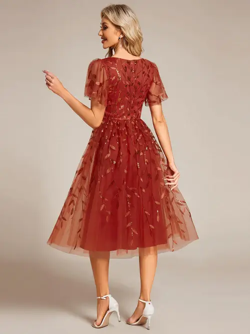 ey2230 burnt orange leaf short evening gown with ruffle sleeves eternally yours ey2230 burnt orange leaf short evening gown with ruffle sleeves eternally yours
