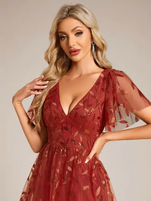 ey2230 burnt orange leaf short evening gown with ruffle sleeves eternally yours ey2230 burnt orange leaf short evening gown with ruffle sleeves eternally yours