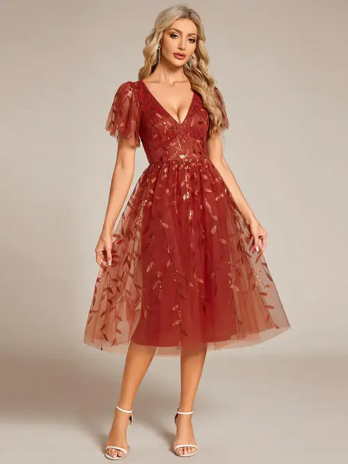 ey2230 burnt orange leaf short evening gown with ruffle sleeves eternally yours ey2230 burnt orange leaf short evening gown with ruffle sleeves eternally yours