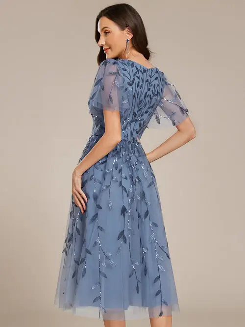 ey2230 dusty navy sequins leaf short evening gown with ruffle sleeves ey2230 dusty navy sequins leaf short evening gown with ruffle sleeves