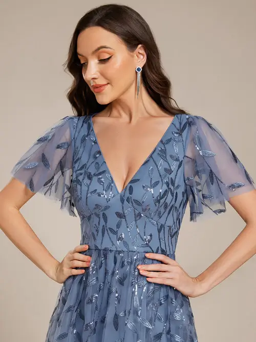 ey2230 dusty navy sequins leaf short evening gown with ruffle sleeves ey2230 dusty navy sequins leaf short evening gown with ruffle sleeves