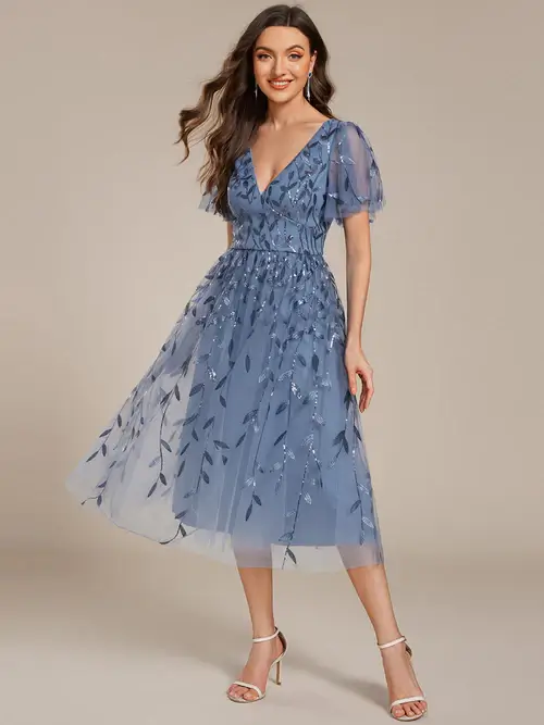 ey2230 dusty navy sequins leaf short evening gown with ruffle sleeves ey2230 dusty navy sequins leaf short evening gown with ruffle sleeves