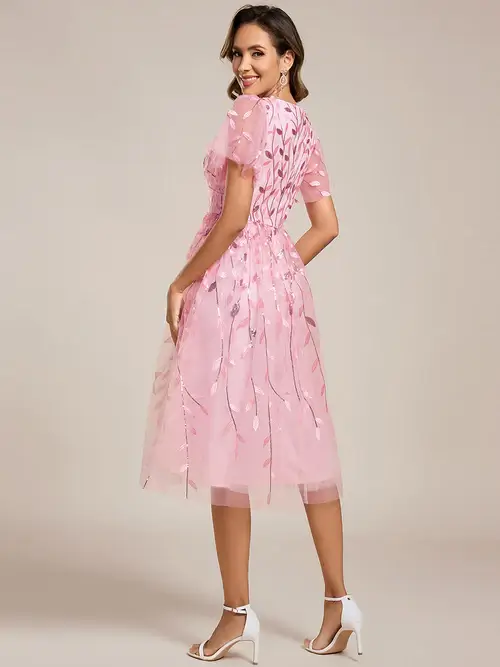 ey2230 pink sequin leaf short evening gown with ruffle sleeves eternally yours ey2230 pink sequin leaf short evening gown with ruffle sleeves eternally yours
