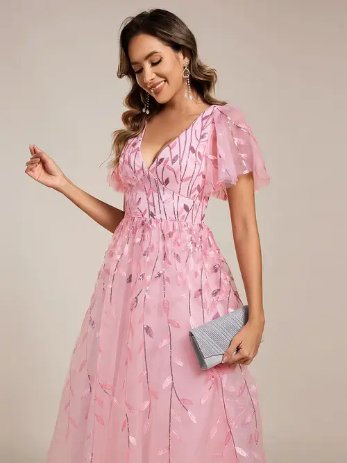 ey2230 pink sequin leaf short evening gown with ruffle sleeves eternally yours ey2230 pink sequin leaf short evening gown with ruffle sleeves eternally yours