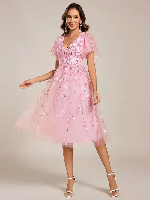 ey2230 pink sequin leaf short evening gown with ruffle sleeves eternally yours ey2230 pink sequin leaf short evening gown with ruffle sleeves eternally yours