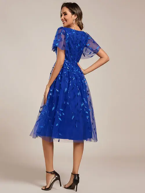ey2230 sapphire blue sequin leaf short evening gown with ruffle sleeves eternally yours ey2230 sapphire blue sequin leaf short evening gown with ruffle sleeves eternally yours