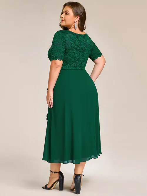 ey2322 green plus size lace and chiffon midi evening gown with short sleeves eternally yours