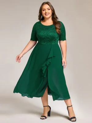 ey2322 green plus size lace and chiffon midi evening gown with short sleeves eternally yours