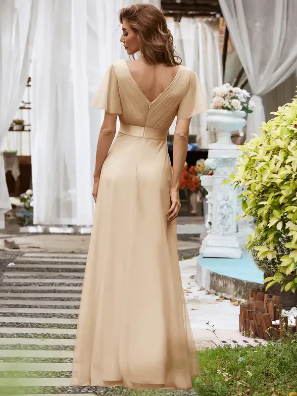 ey7962 champagne beige aline tulle evening gown with ruffle sleeves eternally yours