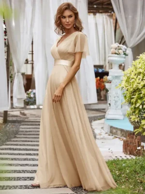 ey7962 champagne beige aline tulle evening gown with ruffle sleeves eternally yours