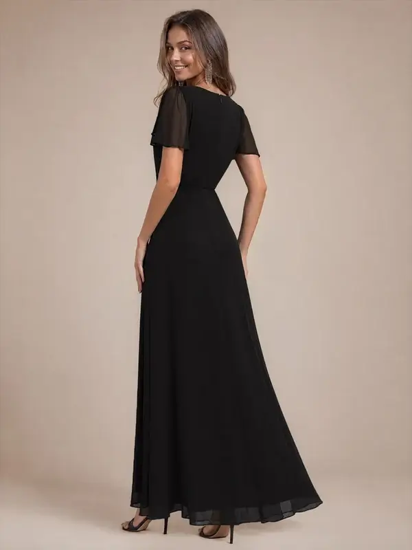 ey2865 black 1 lace and chiffon long evening gown with ruffle sleeves eternally yours
