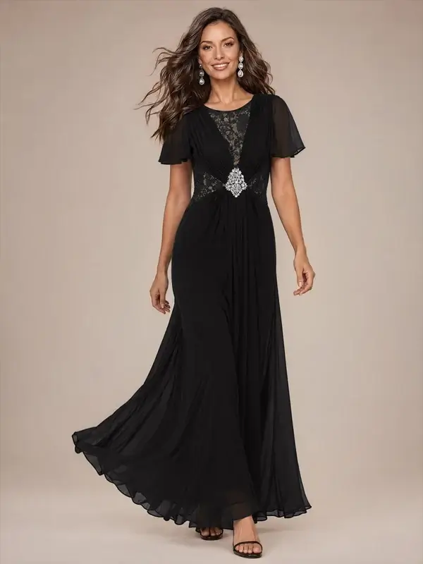 ey2865 black lace and chiffon long evening gown with ruffle sleeves eternally yours