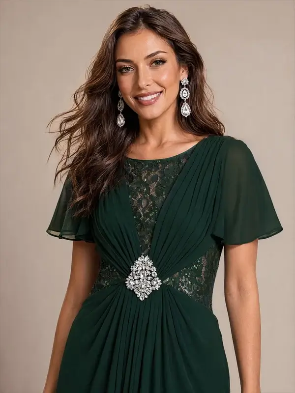 ey2865 green 2 lace and chiffon long evening gown with ruffle sleeves eternally yours